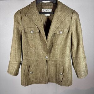 VTG Carlisle Olive Textured Blazer w/Four Patch Pockets & Silver-Tone Buttons